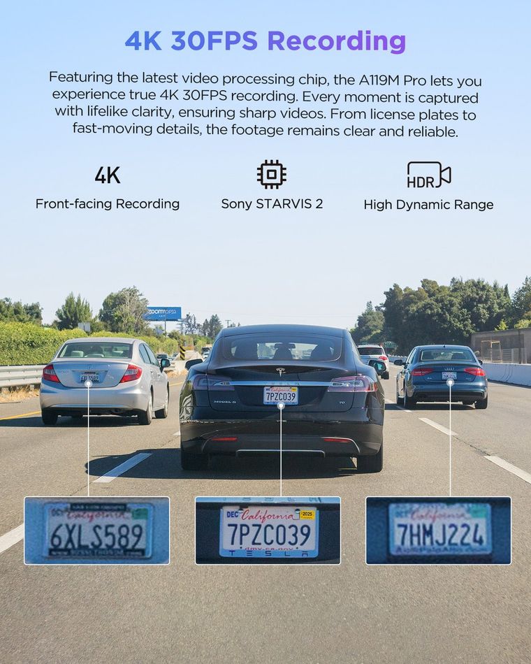 VIOFO A119M Pro capturing 4K 30fps HDR video footage with wide dynamic range