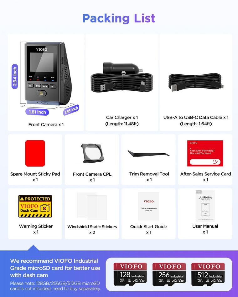 VIOFO A119M Pro package contents including front camera, GPS mount, CPL-100 filter, car charger, data cable, and mounting accessories