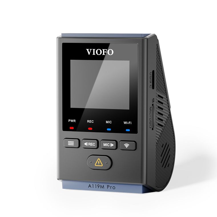 VIOFO A119M Pro 4K HDR Mini Dash Cam front and side view with GPS mount and CPL filter