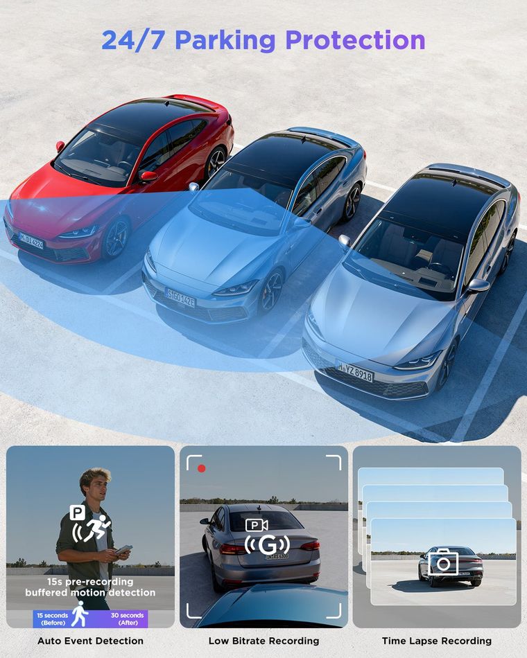 VIOFO A119M Pro 24/7 buffered parking mode with auto event detection, time-lapse, and low bitrate recording